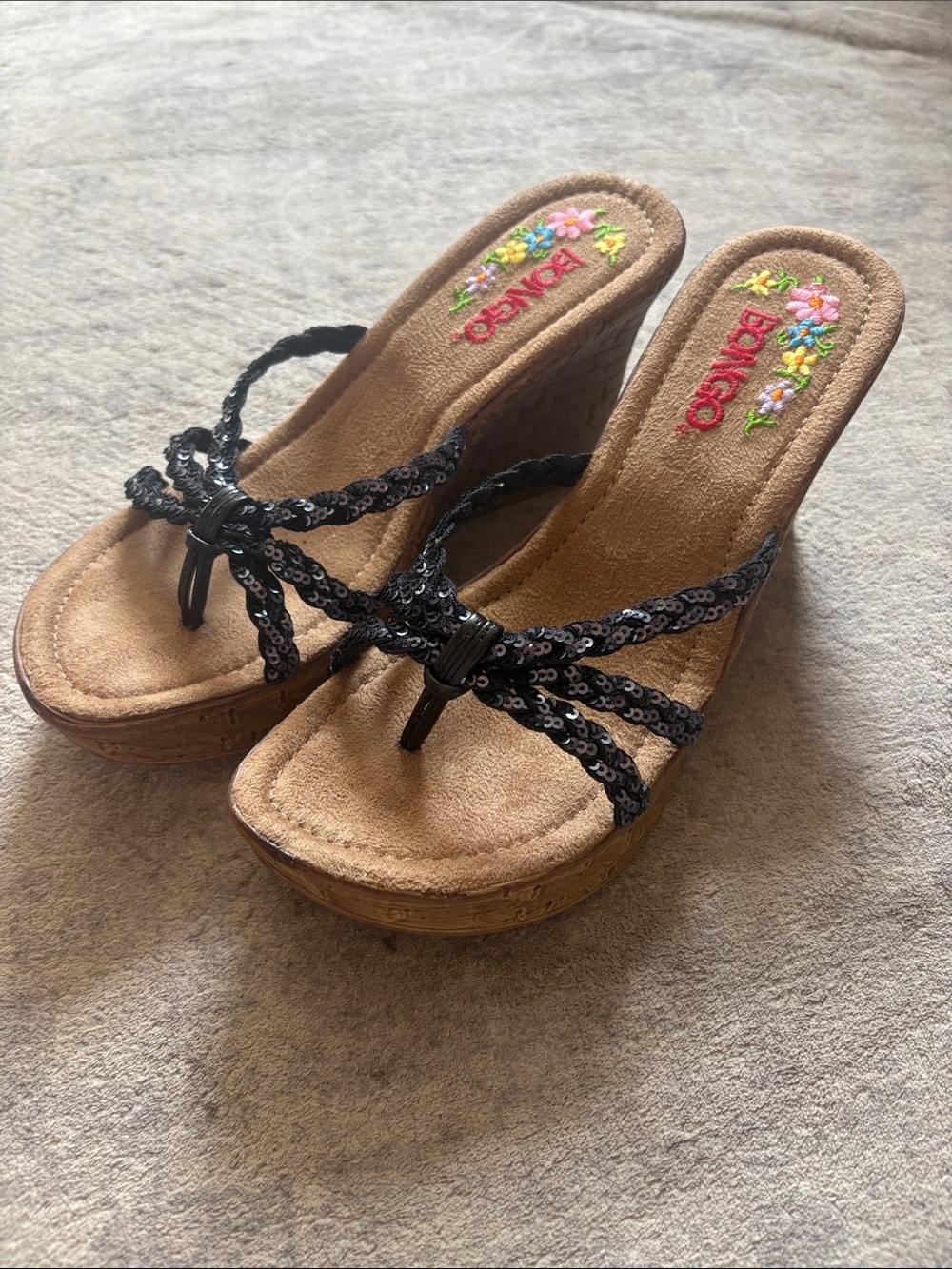 Bongo Black Sequin Wedge Sandals